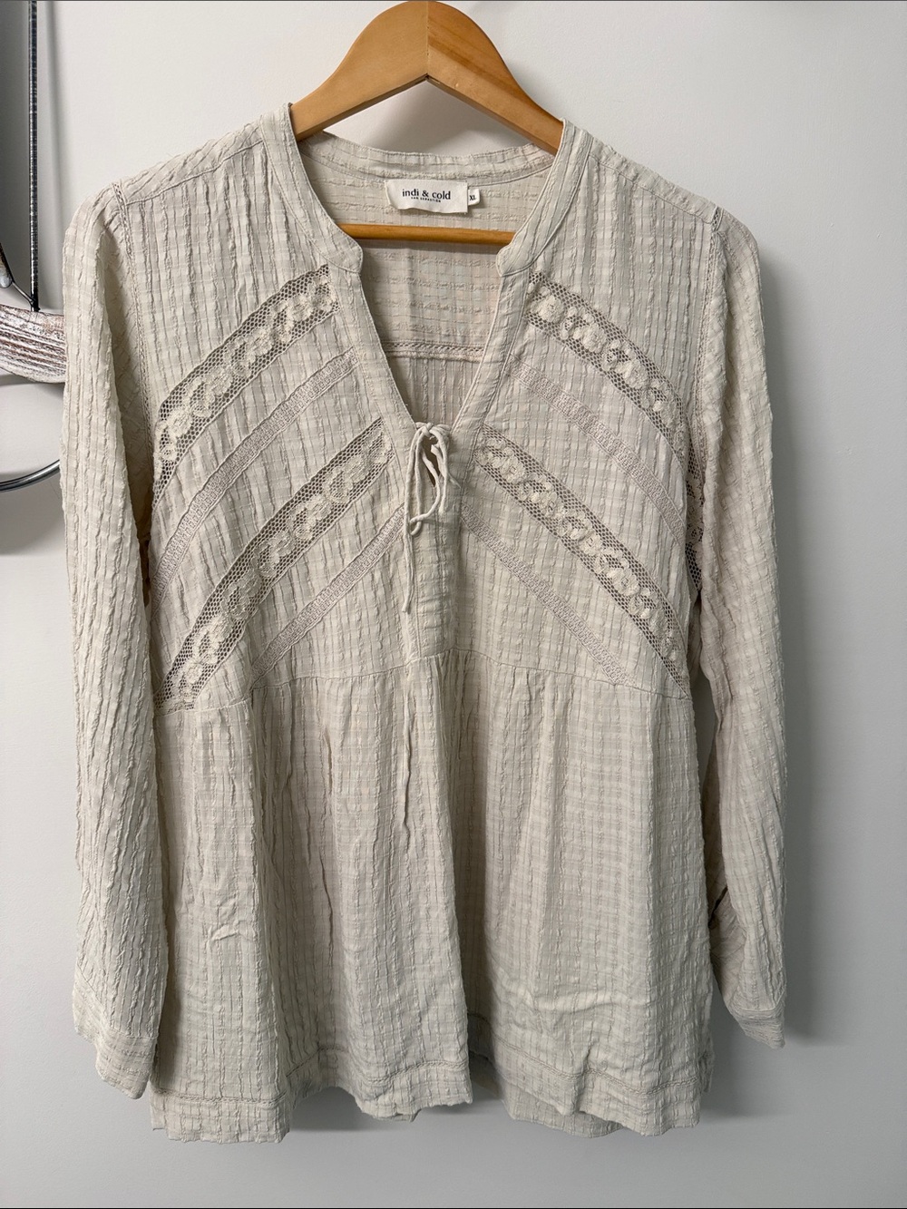 Cream Textured Lace-Trim Peasant Blouse